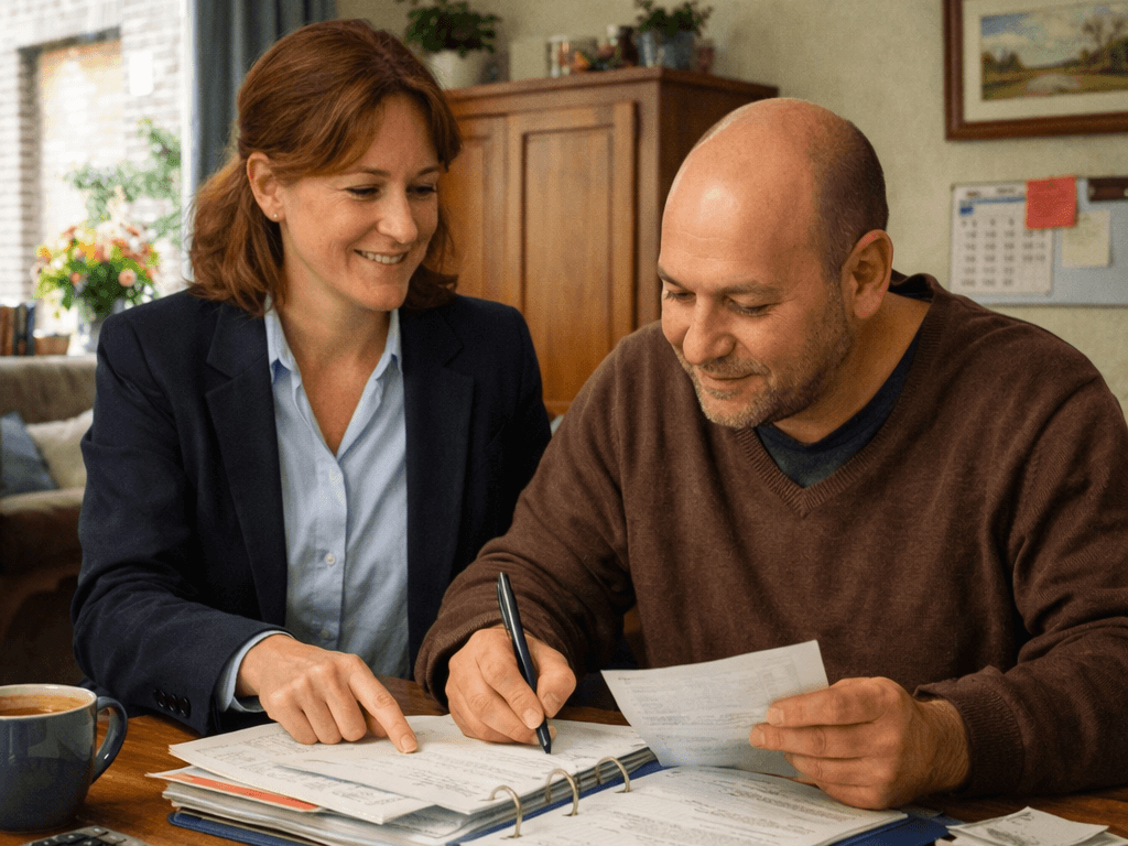 Een man en vrouw aan tafel praten en zijn samen met papierwerk bezig.